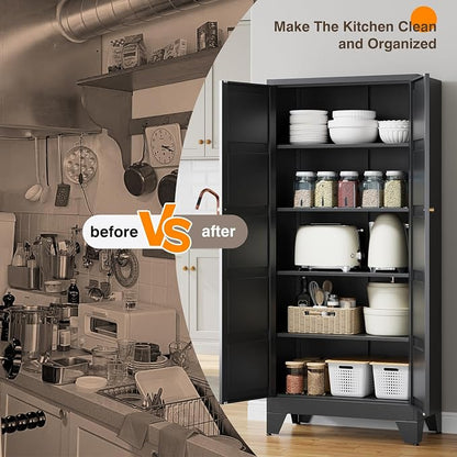 Yizosh Metal Pantry Cabinet,- 72" Black Kitchen Pantry Storage Cabinet with Doos and Adjustable Shelves for Kitchen, Living Room,Dining Room,Home