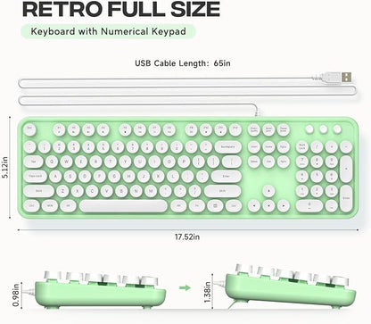 MOWUX Computer Keyboard Wired, Plug and Play USB Retro Round Typewriter Keyboard, Full Size Wired Keyboard with Foldable Stands for Laptop and Office PC- Green