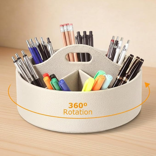 360° Rotating Leather Desk Storage Organizer with 6 Slots and Handle Extra-large Pen Holder Spinning Pencil Storage Lazy Susan Organizer Office Desk Supplies Marker, Art Supply (Beige)