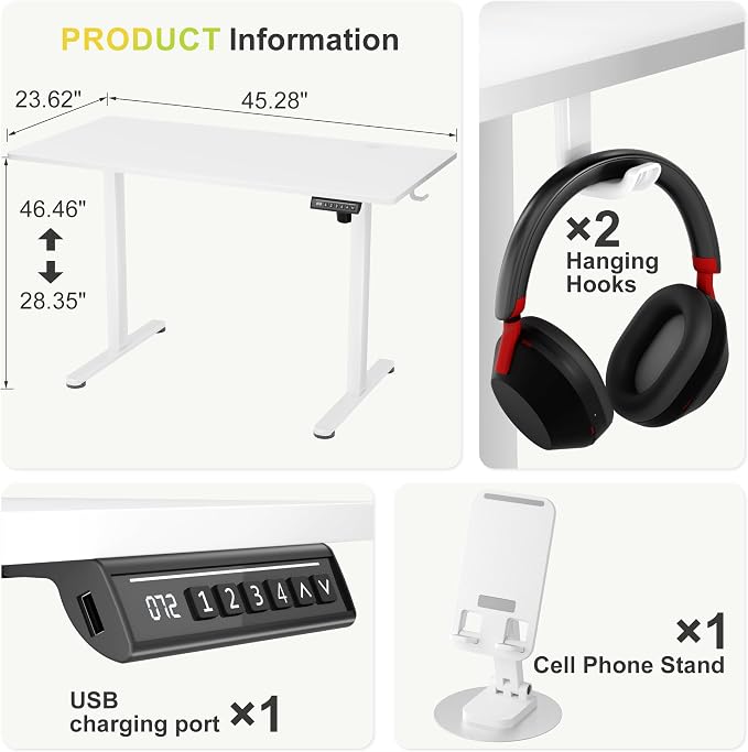 Furmax Electric Standing Desk, 45 x 24 Inches Sit Stand up Desk, Sit Stand Height Adjustable Home Office Desk with 4 Height Position Memory (White, 45)