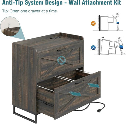 2 Drawer Lateral File Cabinet, Filing Cabinet with Charging Station for Letter/Legal/A4 Size Hanging Files, Modern Farmhouse File Cabinet for Home Office, Printer Stand with Storage, Dark Rustic Oak