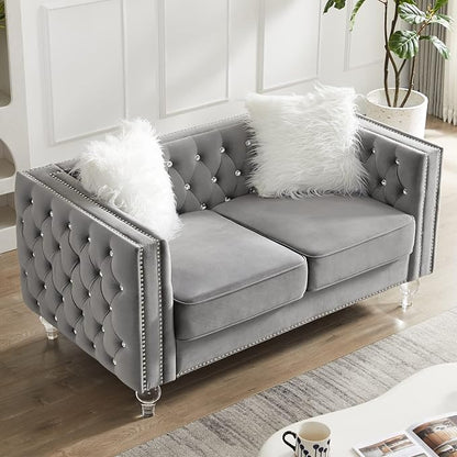 mikibama Velvet Loveseat with Buttons and Square Arms 59 Inch Tufted Sofa with Trimmed Nailhead and Metal Legs Loveseat Couch for Living Room, Bedroom (Grey-Crystal Legs, Loveseat)
