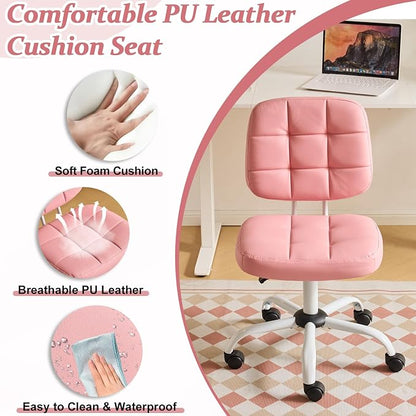 VINGLI Compact Small Desk Chair, Cute Armless Chair with Wheels, Vanity Chair with Low Back, Height Adjustable Task Chair for Small Spaces, Office, Bedroom, Make Up Room, PU Leather, Pink