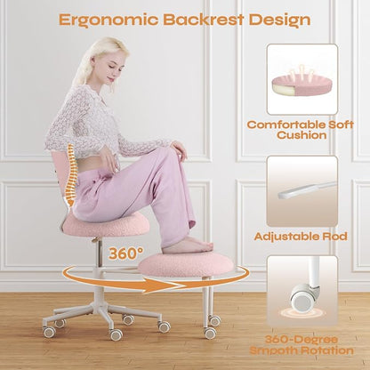 Pinmoco Ergonomic Cross Legged Office Chair with Wheels, ADHD Chair for Adults, Meditation Chair, Yoga Office Chair, Comfortable Back Support, Height Adjustable,Small Spaces, Teddy Fabric, Pink