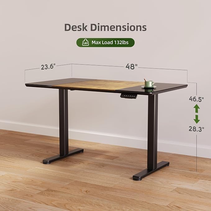 INNOVAR Glass Standing Desk, 48 x 24 Inches Height-Adjustable Desk, Tempered Glass and Wooden Top, Quick Install Home Office Stand Up Desk with 4 Presets, Black Glass and Brown Wood