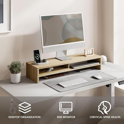 Fenge Monitor Stand, 31.5 Inch Computer Monitor Riser for Desk, 2 Tiers Wood Desk Shelf with Storage, Desktop Organizer for PC, Laptop, Screen, Printer