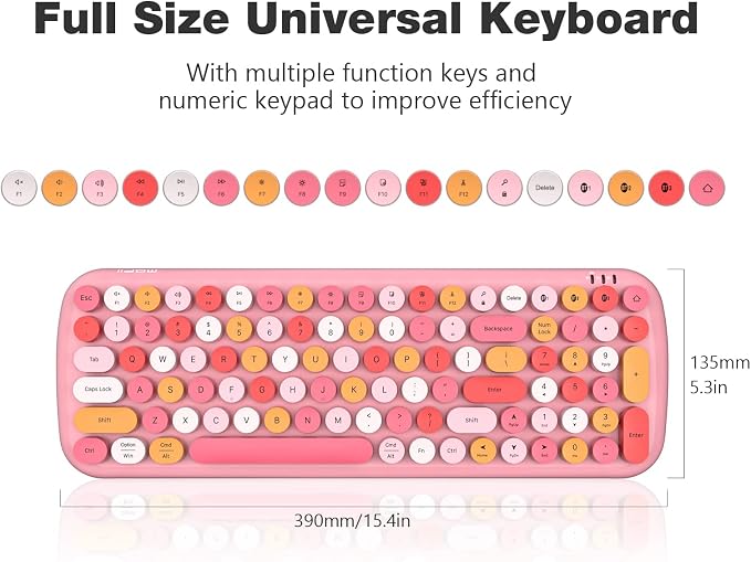 MOFII Wireless Bluetooth Keyboard for Laptop & Android, Connect up to 3 Devices Simultaneously, Portable 100-Key Typewriter Retro Round Keycaps Keyboard - Light Pink