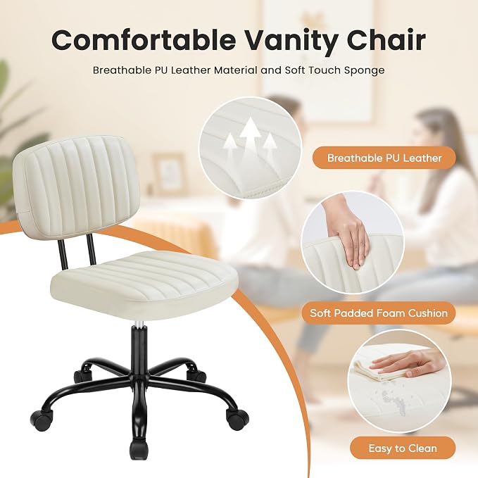 Simple Deluxe Small Desk Chair, Armless Office Chair with Wheels, PU Leather Comfy Computer Task Swivel Vanity Rolling Chairs No Arms for Small Space, Home Office, Beige White