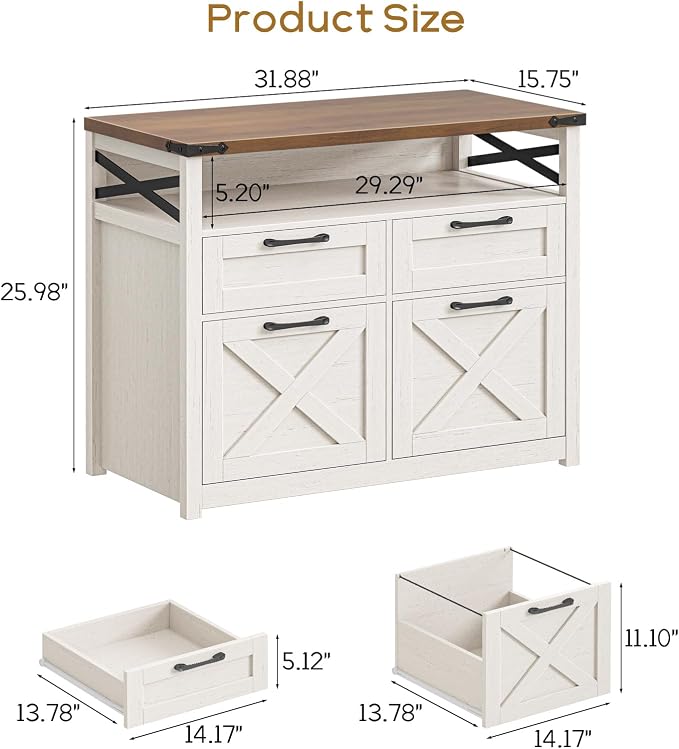 Farmhouse 4 Drawer File Cabinet with Open Storage Shelf, Lateral Filing Cabinet Fits Letter/A4/ Size, Home Office Filing Organizer, Document Storage Printer Stand for Home and Office,Uunique White