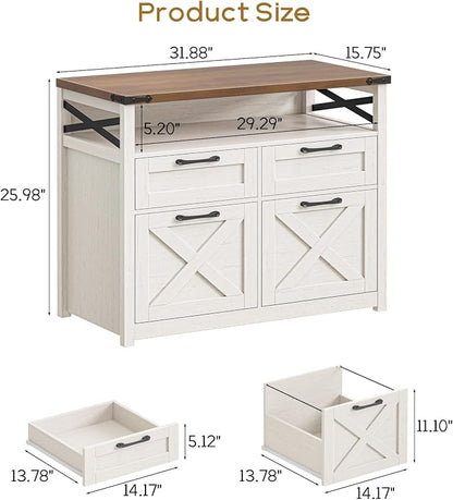 Farmhouse 4 Drawer File Cabinet with Open Storage Shelf, Lateral Filing Cabinet Fits Letter/A4/ Size, Home Office Filing Organizer, Document Storage Printer Stand for Home and Office,Uunique White