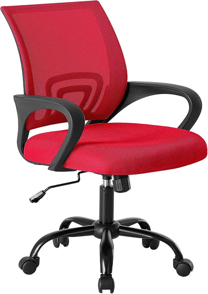 OLIXIS Office Desk Chair - Ergonomic Mid Back with Lumbar Support & Rocking Mode, Height Adjustable with Fixed Armrest, Storage Back for Computer, Gaming, Conference, Meeting Room, 360° Swivel, Red