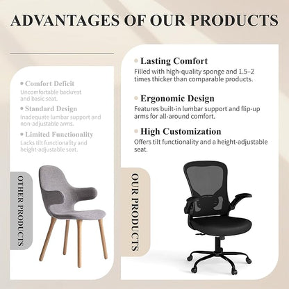 Flysky Mesh Office Chair, Ergonomic Computer Desk Chairs for Home Office - with Comfy/Comfortable Flip-up Arm Rests, Lumbar Support, Height Adjustable, 360 Degree Rolling Swivel (Black)