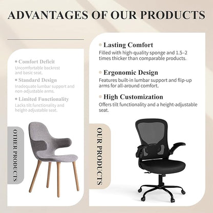 Flysky Mesh Office Chair, Ergonomic Computer Desk Chairs for Home Office - with Comfy/Comfortable Flip-up Arm Rests, Lumbar Support, Height Adjustable, 360 Degree Rolling Swivel (Black, 6 Pack)