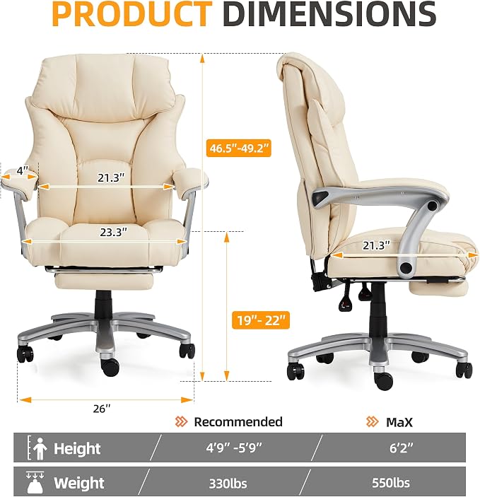 HOMREST Big and Tall Heavy Duty Office Chair 550LBS, Ergonomic Leather Executive Chair with 155° Recline, Large Back Pocket &Footrest, Computer Desk Chair for Heavy People, Beige