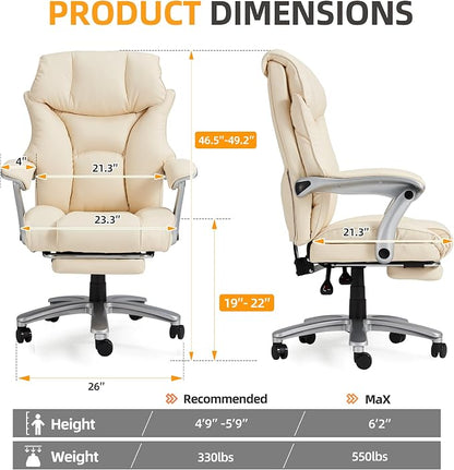 HOMREST Big and Tall Heavy Duty Office Chair 550LBS, Ergonomic Leather Executive Chair with 155° Recline, Large Back Pocket &Footrest, Computer Desk Chair for Heavy People, Beige