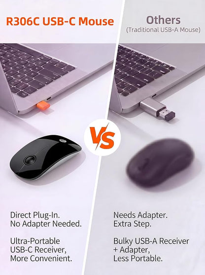 RAPIQUE R306C USB C Wireless Mouse for MacBook, Type-C 2.4GHz Portable Computer Mouse with USB-C Receiver, Silent Click, Slim Cordless Mouse, 3-Speed DPI, for iPad, Chromebook, Laptop, MacOS - Black
