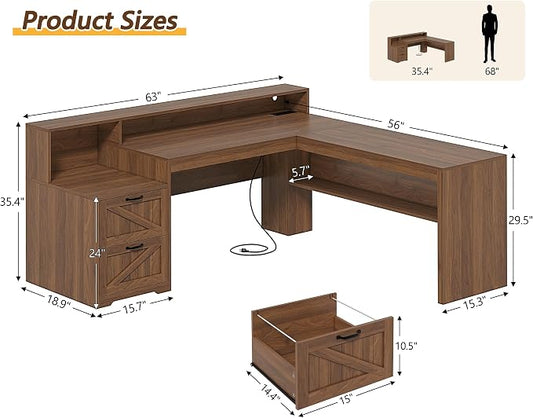 YOMILUVE Farmhouse 63" L Shaped Desk with Drawers, Home Office Desks with Storage Shelves and Printer Stand, Corner Computer Desk with Power Outlets and Monitor Stand, Brown