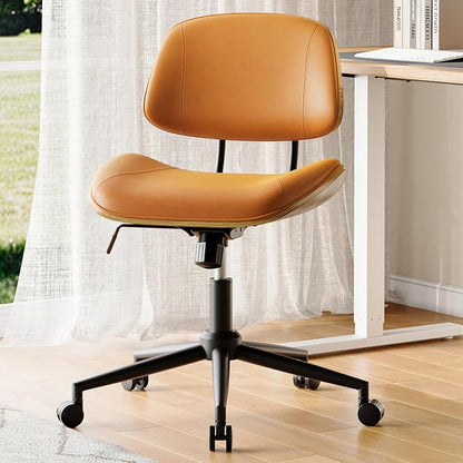 Armless Office Chair with Wheels, PU Leather Adjustable Height Desk Chair - 360° Swivel Ergonomic Computer Chair for Small Space, Modern Walnut Style, Home & Meeting Room, Brown
