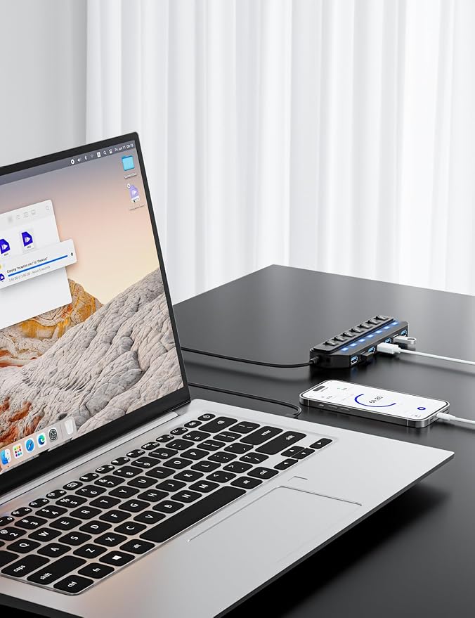 WIRWTRU USB Hub 7 Port,USB 3.0 Hub Splitter for Office,Home,School | Individual On/Off LED Switches, USB Hub for PC, 5Gbps HighSpeed Data for Laptop, Mac, PC, Desktop, PS5, Xbox