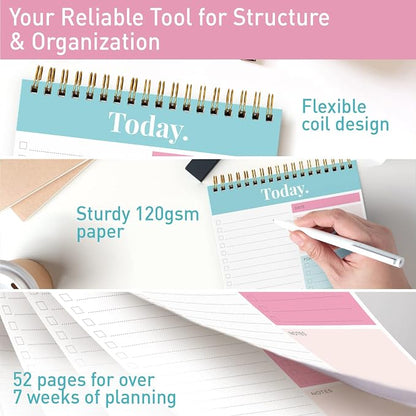 S&O Daily Planner Notepad for Productivity - 52 Page Routine To Do List - Undated Writing pad and Organizer - Every day To Do List Scheduler- Coiled Task Organizer - Regular calendar Planner - TEAL