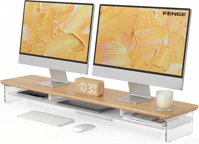 Fenge Monitor Stand Riser, Acrylic Computer Stand, Desktop Oraganizer Stand, Acrylic Laptop Stand Riser with Storage Desk Organizer Accessories (Dark Oak, 42.5in)
