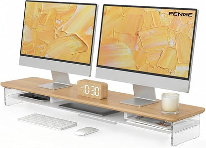 Fenge Monitor Stand Riser, Acrylic Computer Stand, Desktop Oraganizer Stand, Acrylic Laptop Stand Riser with Storage Desk Organizer Accessories (Dark Oak, 42.5in)