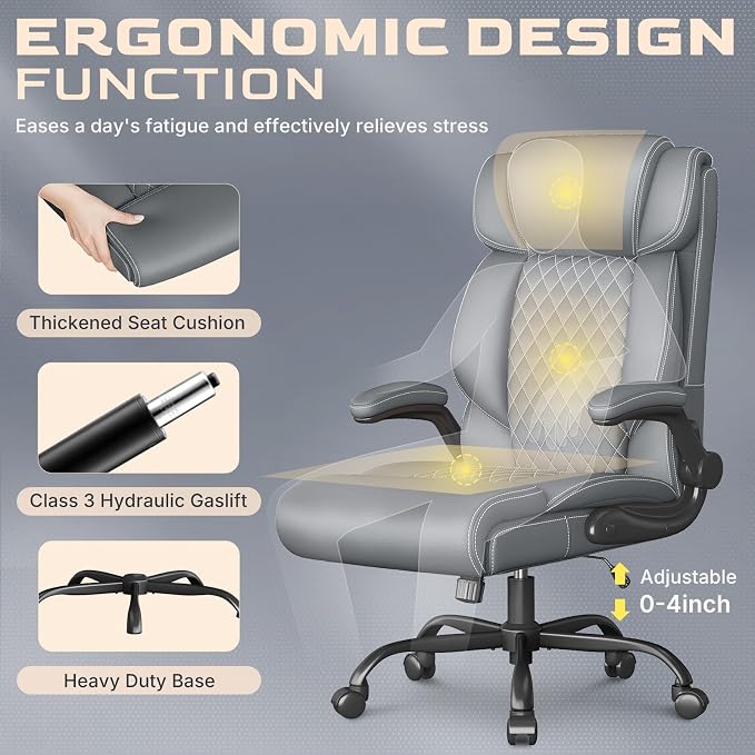 Office Chair-Executive High Back Breathable Big and Tall Office Chair Flip-up Armrests Lumbar Support-Ergonomic Leather Rolling Swivel Chair with Rock Function for Working Studying Gaming,2 Pack