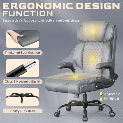 Office Chair-Executive High Back Breathable Big and Tall Office Chair Flip-up Armrests Lumbar Support-Ergonomic Leather Rolling Swivel Chair with Rock Function for Working Studying Gaming,2 Pack