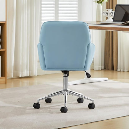 Velvet Home Office Desk Chair, Modern Cute Computer Task Chair with Back, Height Adjustable Upholstered Vanity Chair with Swivel Wheels for Women, Girls (Silver Base, Light Blue