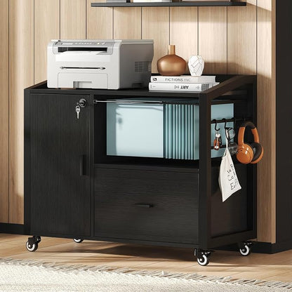 HSH File Cabinet with Wheels with Locks,Black Mobile Filing Cabinet for Legal/Letter Size, Wood Metal Printer Stand with Shelves, Wheels & Hanging File Folder for Home Office Desk, 33 in