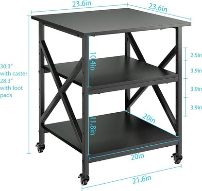3 Tier Printer Stand, Large Table with Wheels, Rolling Cart with Height Adjustable Middle Storage Shelf, 23.6 x 23.6 x 30.3 Inches Shelf for Home Office, Black