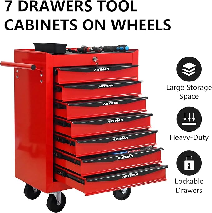 RYH 7 Drawers Rolling Tool Chest - Heavy Duty Mobile Tool Cart with Locking Wheels & Ball Bearing Drawers,30.5" H x 20.9" W x 13" D Garage Tool Storage Cabinet (Red, 7 Drawers)