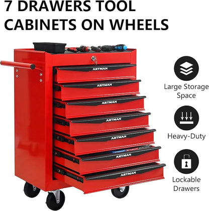 RYH 7 Drawers Rolling Tool Chest - Heavy Duty Mobile Tool Cart with Locking Wheels & Ball Bearing Drawers,30.5" H x 20.9" W x 13" D Garage Tool Storage Cabinet (Red, 7 Drawers)