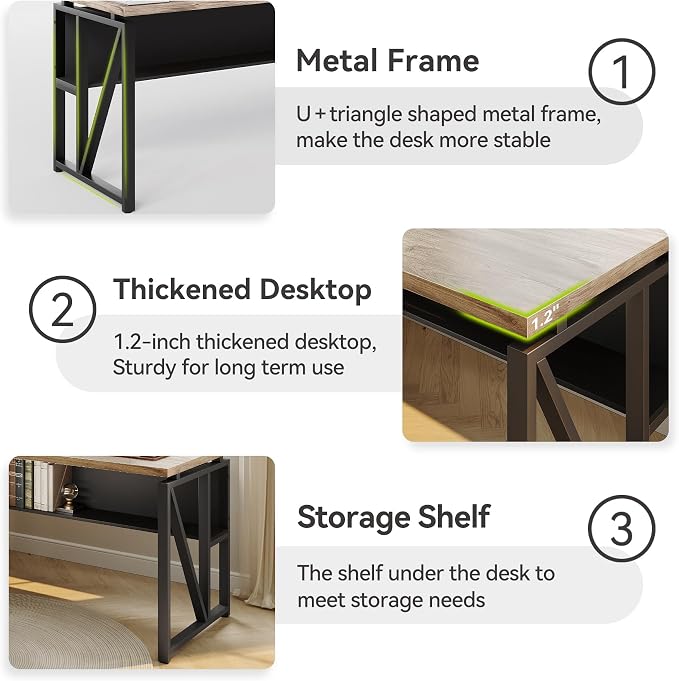 LITTLE TREE 55-Inch Executive Office Desk, Large Computer Desk with Storage Shelf, Executive Desk with Metal Frame, Thickened Desktop, Study Writing Desk Work Station for Home Office, Grey Black