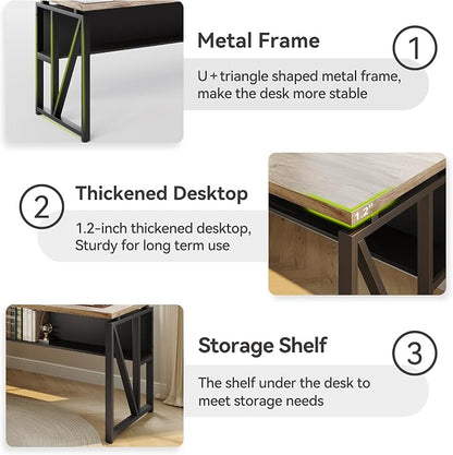 LITTLE TREE 55-Inch Executive Office Desk, Large Computer Desk with Storage Shelf, Executive Desk with Metal Frame, Thickened Desktop, Study Writing Desk Work Station for Home Office, Grey Black