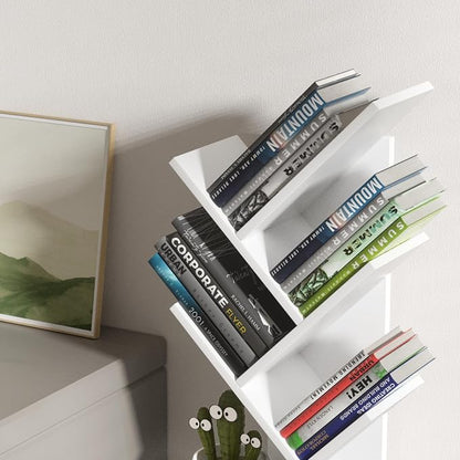 SHEEPAM 5 Tier Tree Book Shelf, Small Desktop Bookshelf with Storage Organizer, Wood Bookcase, Desk Display Bookshelves, Floor Standing Organizer Bookcases for Living Room,Bedroom,Office-White