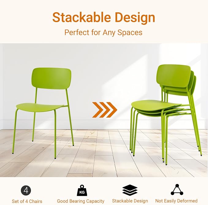 Sidanli Stackable Chairs Set of 4, Metal Waiting Room Chairs with Plastic Seat, Capacity 300lbs, Stacking Chairs for Office Conference Break Room Lobby, Green
