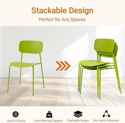 Sidanli Stackable Chairs Set of 4, Metal Waiting Room Chairs with Plastic Seat, Capacity 300lbs, Stacking Chairs for Office Conference Break Room Lobby, Green