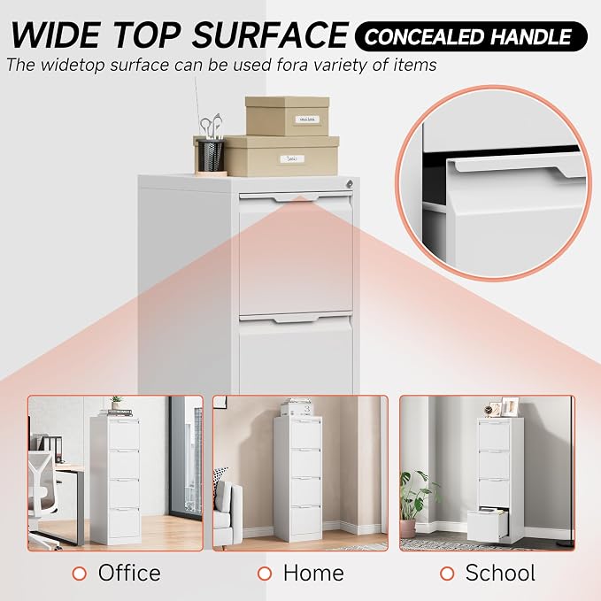 4 Drawer File Cabinet,Metal Vertical File Storage Cabinet with Lock,Filing Cabinets for Home Office,A4 Legal/Letter, Assembly Required(White)