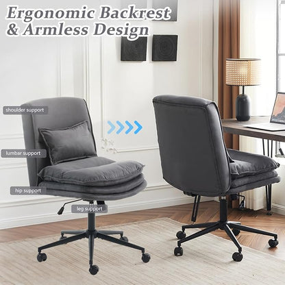 VINGLI Cloud Criss Cross Legged Chair,18" High Back Armless Home Office Desk Chair with Wheels,Wide Adjustable Comfy Padded Seat Task Computer Chair,Modern Swivel Makeup Vanity Chair,Microfiber,Grey