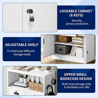 Yizosh Locking Cabinet with 2 Drawers, Metal Storage Cabinet with Locking Doors and Shelves - 41.3" Steel Lockable Storage Cabinet, Metal Cabinet for Home Office, Garage, School (White)