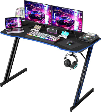 BestOffice Gaming Desk Z Shaped 47 inch PC Computer Desk Computer Workstation Ergonomic Gaming Table with Headphone Hook for Game Players, Black&Blue
