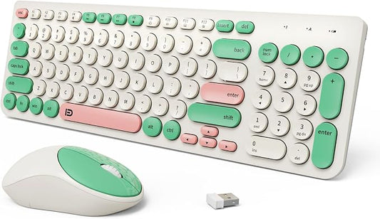 Wireless Keyboards Mouse Combos, Colorful Quiet Keyboard Cute Typewriter Full-Size Retro Round Keycaps, 2.4GHz Sleep Mode Office Wireless Keyboard and Mouse Set for Desktop Laptop PC Computer