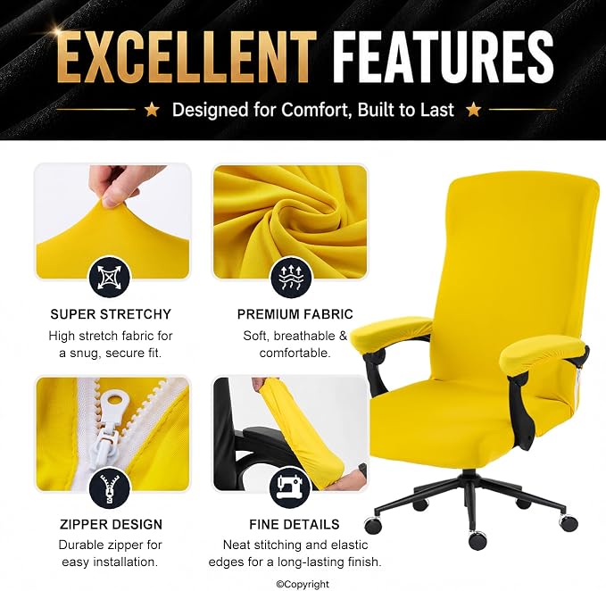 Stretch Computer Office Chair Cover with Armrest Covers Durable Zipper Universal Washable Removable Spandex Rotating Boss Chair Slipcovers Anti-dust Soft Desk Chair Seat Protector, Yellow