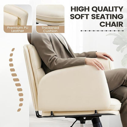 Furmax Vanity Chair with Adjustable Armrests, Comfortable Oversized PU Leather Criss Cross Chair with Wheels, Wide Office Desk Chair for Home, Make Up, Bed Room (Beige)