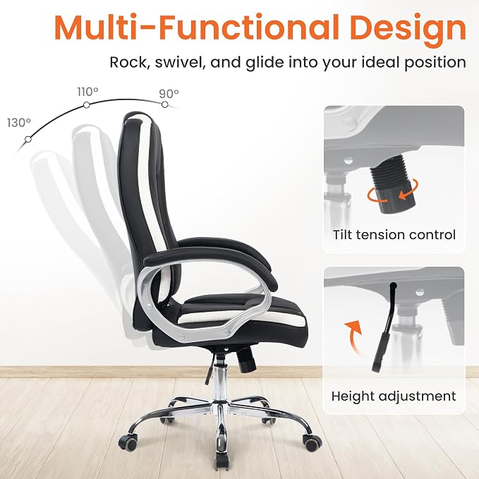 NEO CHAIR Office Desk Ergonomic Gaming Computer Chair High Back Adjustable PU Leather with Lumbar Support, Swivel Rolling Wheels, Executive Managerial Task Chair (Black)