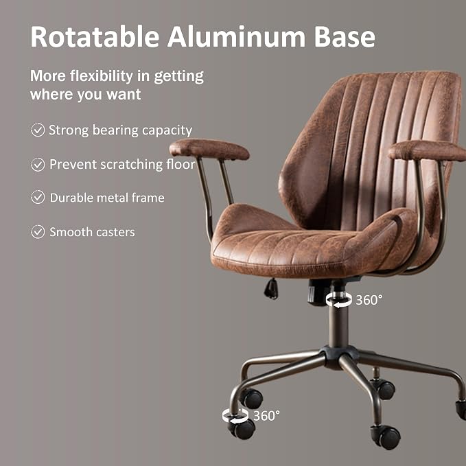 Mid Back Home Office Chair, Mid Century Modern Leather Computer Desk Chair, Comfy Executive Rolling Swivel Task Chair with Wheels Armrest Height Adjustable,Dark Brown