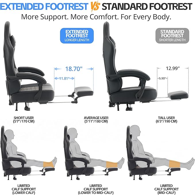 Desk Computer Gaming Chair - Ergonomic Game Office Chair with Extended Footrest and Massage Lumbar Support, Home Gamer Video Game Chairs with Spring Cushion for Adults (Pro Black Leather)