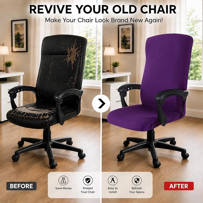 Stretch Computer Office Chair Cover with Durable Zipper - Universal Washable Removable Spandex Rotating Boss Chair Slipcovers - Anti-dust Soft Desk Chair Seat Protector for Dogs, Cats, Pets (Purple)