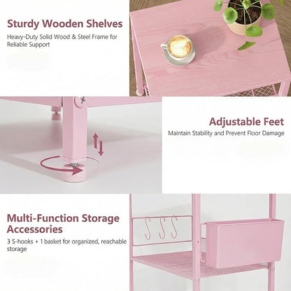 ECOLOVI 3 Tier Printer Stand for Under Desk, Height Adjustable Shelf Small Printer Table with 3 S-Hooks & Basket, Heavy Duty Industrial Storage Shelf for Home Office (Pink Wood)
